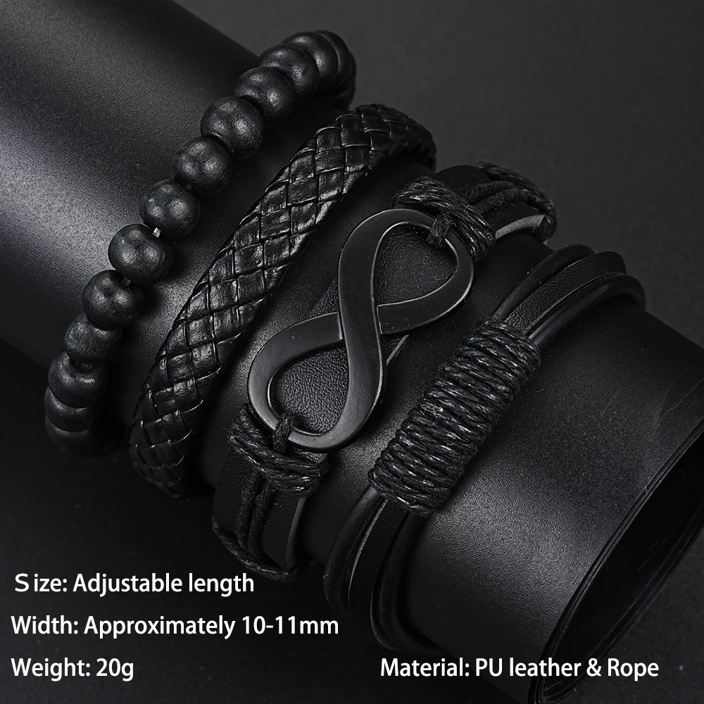 4pcs Set Punk Hip Hop Handmade Black Infinity PU Leather Bracelet Bangle for Men Beaded Braided Casual Arm Jewelry Accessories