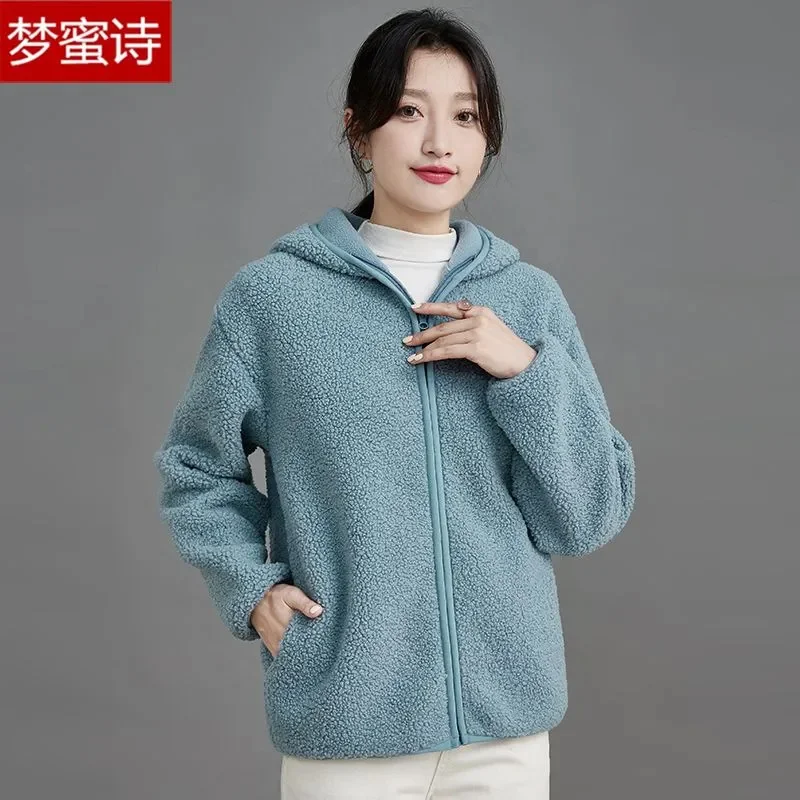 Damska kurtka jesienno-zimowa Krótki kardigan z kapturem z wełny jagnięcej Top 2025 Nowy styl z dodatkową wełną zapewniającą ciepło