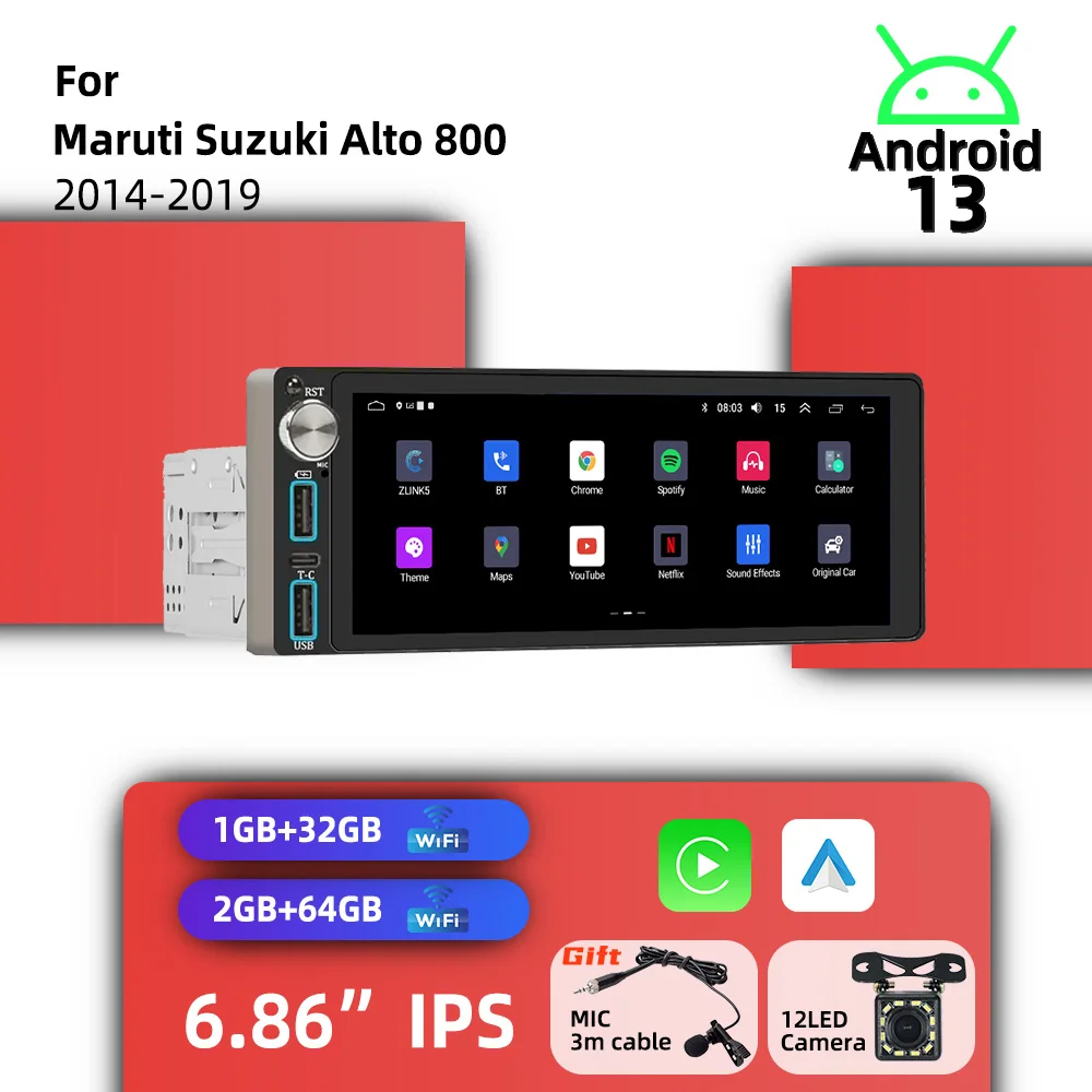 

Автомагнитола Android 6.86" с беспроводным CarPlay, 1 DIN, для Maruti Suzuki Alto 800 2014-2019, GPS-навигация