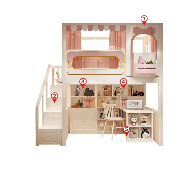 All solid wood bed and table combination, double princess castle bed, multi-functional