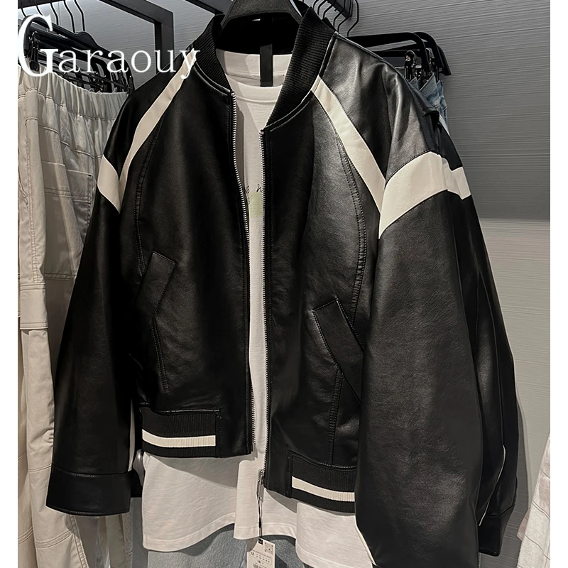 Garaouy 2023 Autumn Winter Men Vintage Embroidery Faux Leather Baseball Jacket Male Street Contrast Zipper Pu Coat Loose Outwear