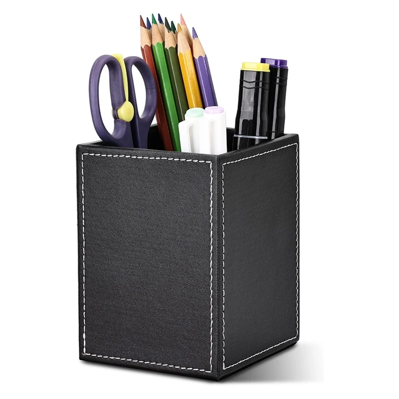 2Pack PU Leather Pens Pencils Holder Cup Desktop Stationery Organizer Case Office Parts Accessories Container Box Black