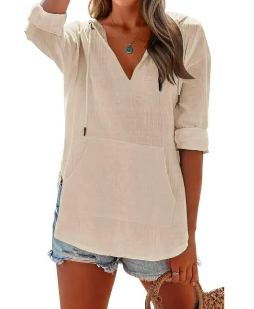 Autumn Solid Color V-Neck Lace Up Pocket Long Sleeved Chiffon T-Shirt Women's Casual Loose Solid Color Hooded Chiffon Shirt Top