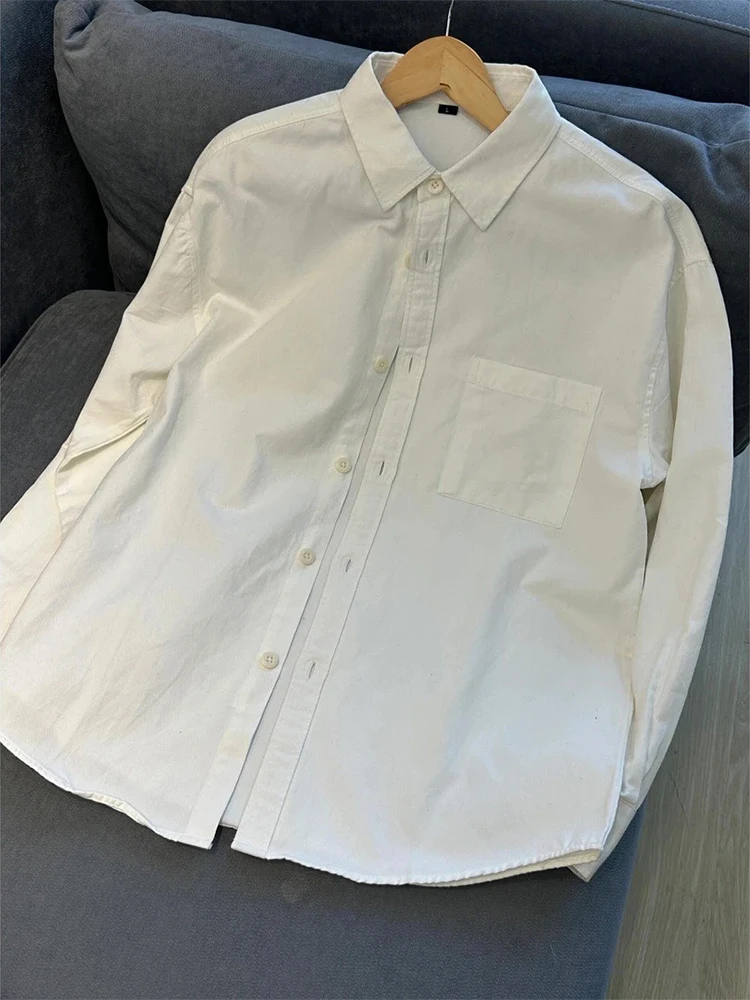 

White Pure Cotton Men's Long Sve irt Casual Summer High End Feeling Couple's Outerwear Loose Fit Iron Free Faionable