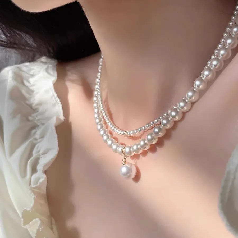 

Pearl pendant necklace stacked with double-layer high-end light luxury niche French collarbone chain