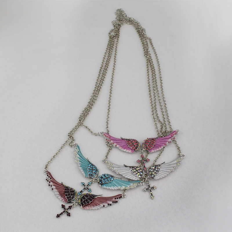 Fashion Blue White Pink Charm Crystal Angel Wings Cross Pendant Necklace Shellhard Vintage Jewelry For Women Bridal Wedding Gift