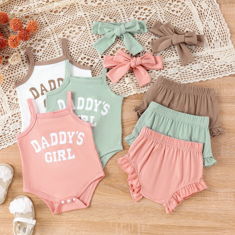 

Daddy Girls Number Printed Sleeveless Bodysuits with Shorts Headbands for Baby Girls Summer Casual Cooling Jumpsuits for Toddler