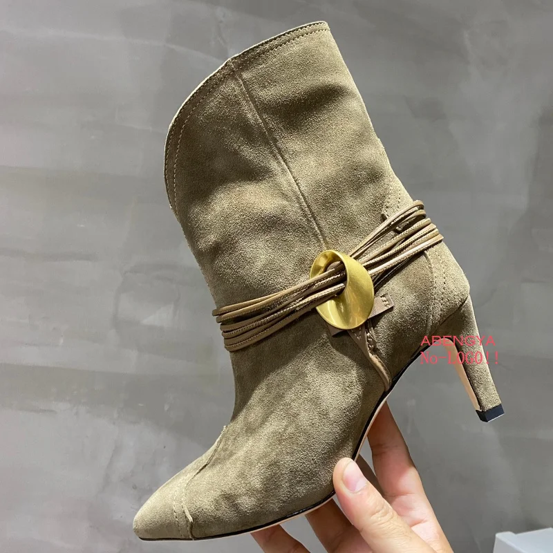 Winter Khaki Suede Middle Calf Boots For Women Pointy Toe High Heels Women Warm Party Shoes Designer Casual Chelsea Boots Women