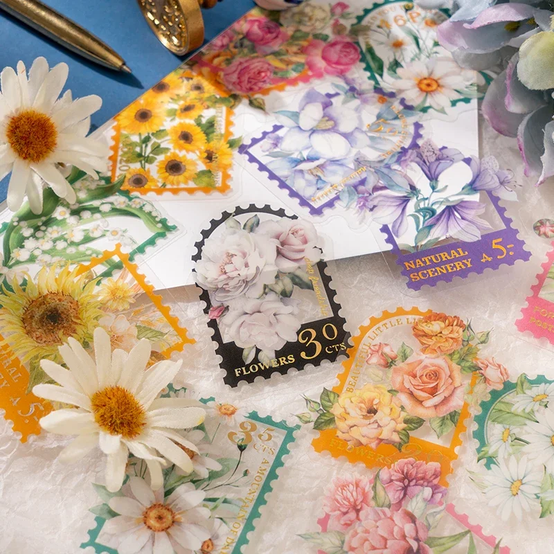 30 Stück künstlerische Handtaschenaufkleber, transparente PET-Aufkleber, Blumen, Stempel, bunte Dekorationsmaterialien, Aufkleber, 6 Arten