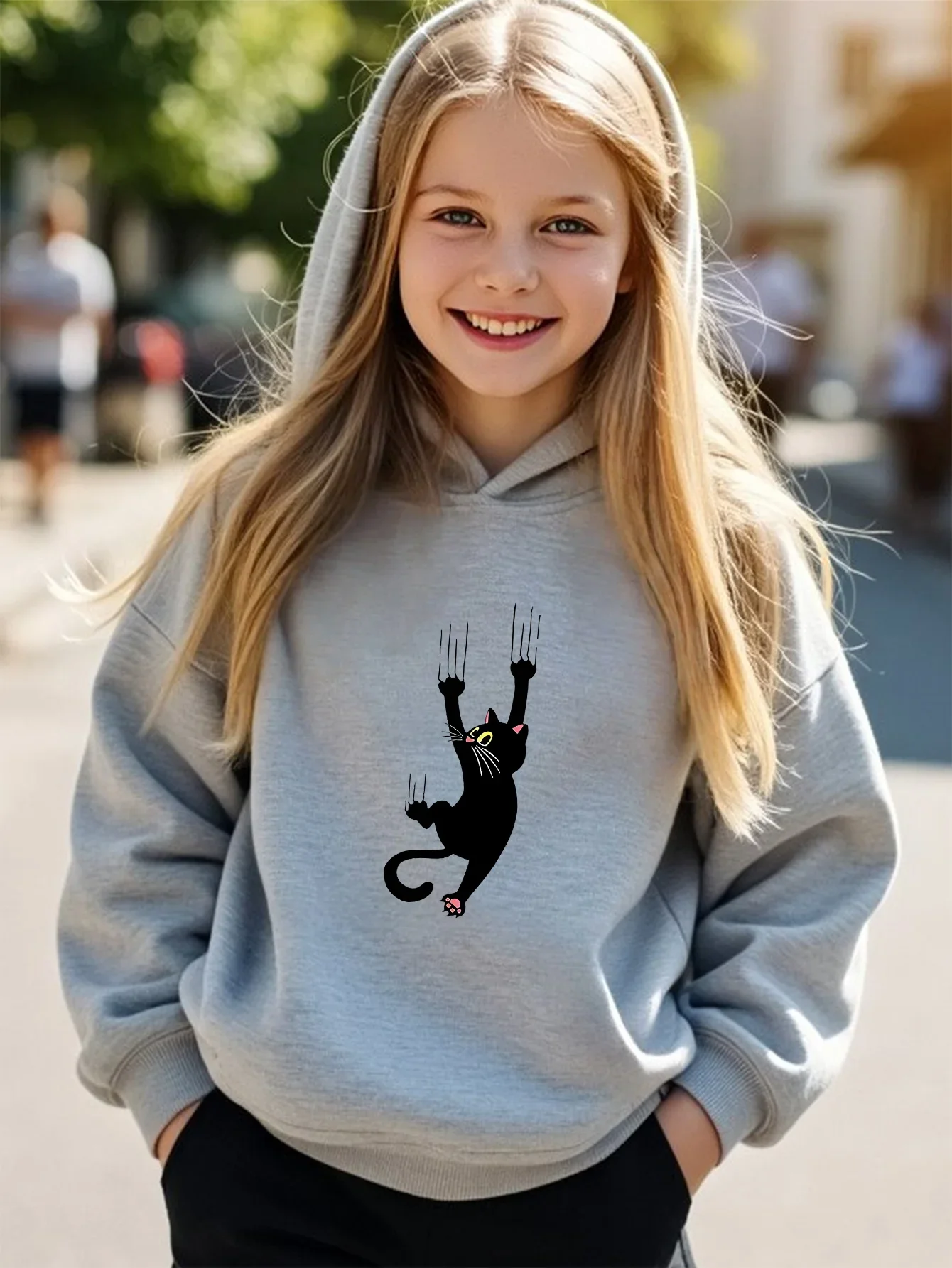 Fun Hanging Black Cat Hoodie for Kids Fleece-lined Warm Casual Loose and Comfortable Hooded Sweatshirt for Autumn and Winter