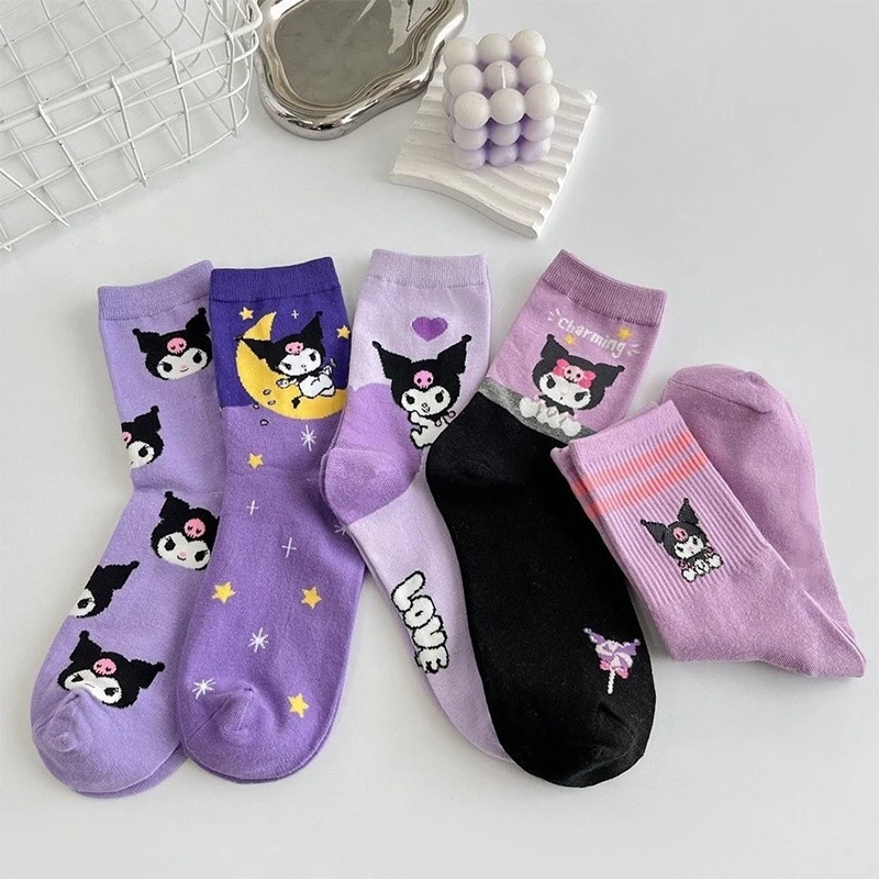 Preciosos calcetines Kuromi Kawaii Sanrio Anime algodón Midtube calcetines femeninos dibujos animados lindos niños media tendencia regalo para niños