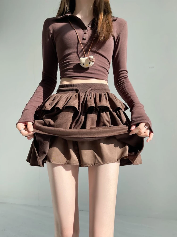 Falda de gamuza informal Retro americana para mujer, vestido de baile escolar elástico de cintura alta, faldas cortas con volantes para mujer