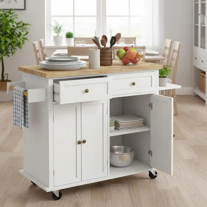 

Rolling Kitchen Island Storage Trolley with Rubber Wood Top & Drawers for Dining Room, White