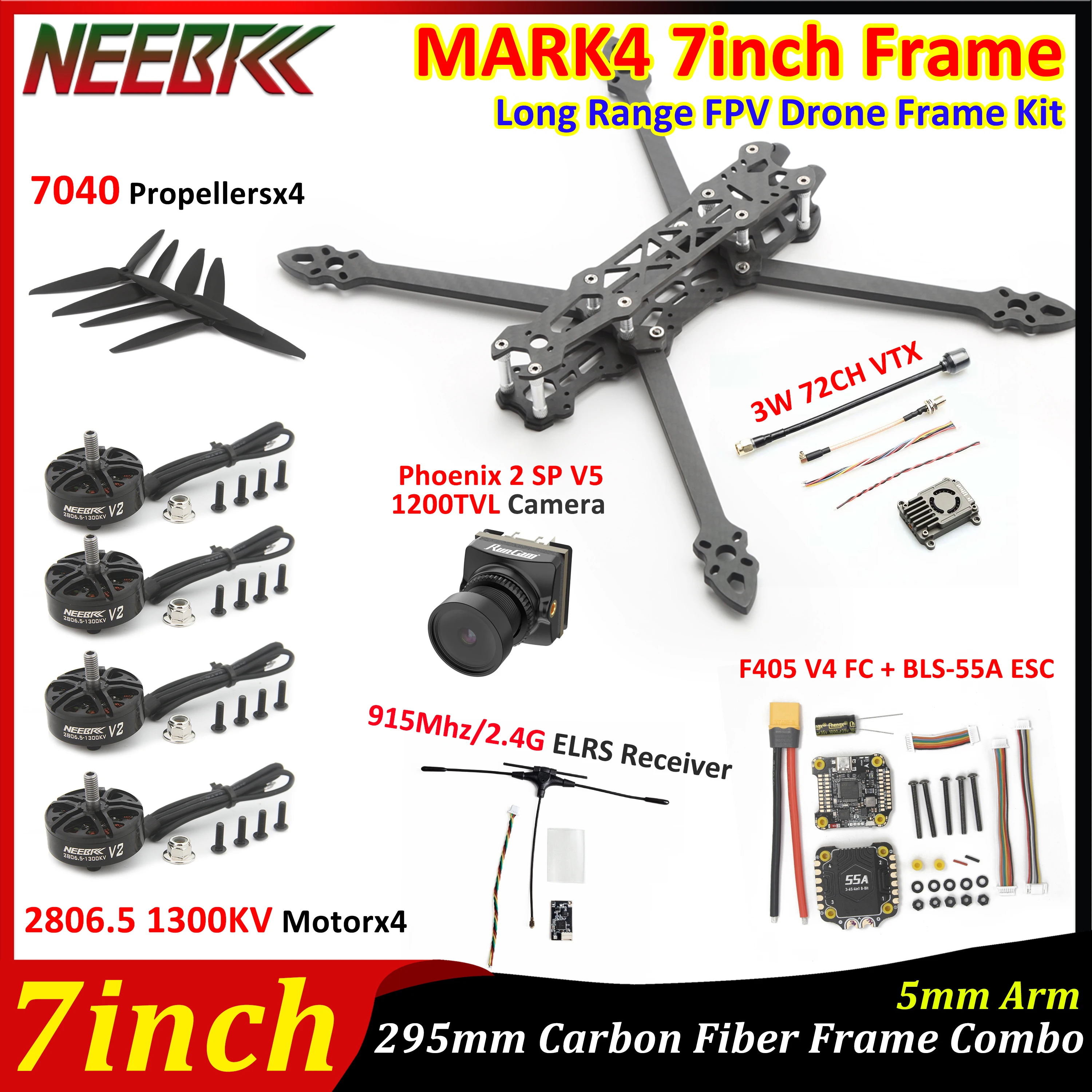 

Комплект рамы Mark4 7 дюймов для FPV-дрона: полетный контроллер F405 V4, регулятор скорости BLS-55A, мотор 2806.5 1300KV, пропеллер 7040, видеопередатчик, камера для RC-дронов для фристайла и полетов на дальние расстояния