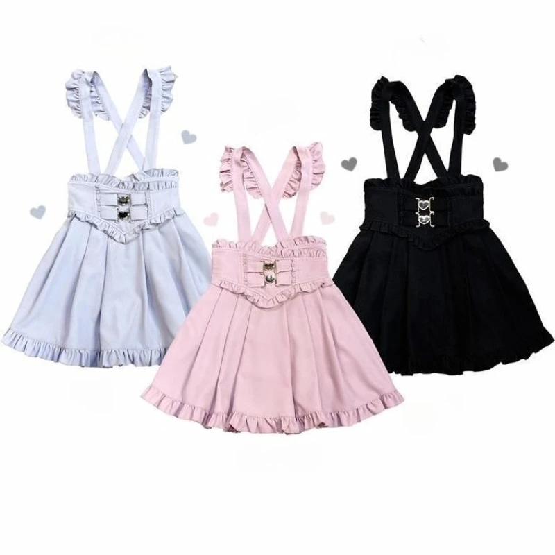 اليابانية الحلو جميل لوليتا منقوشة الحمالة تنورة المرأة خمر الدانتيل تقليم تصميم تنورة صغيرة Harajuku شيك ألف خط Kawaii وتتسابق #6