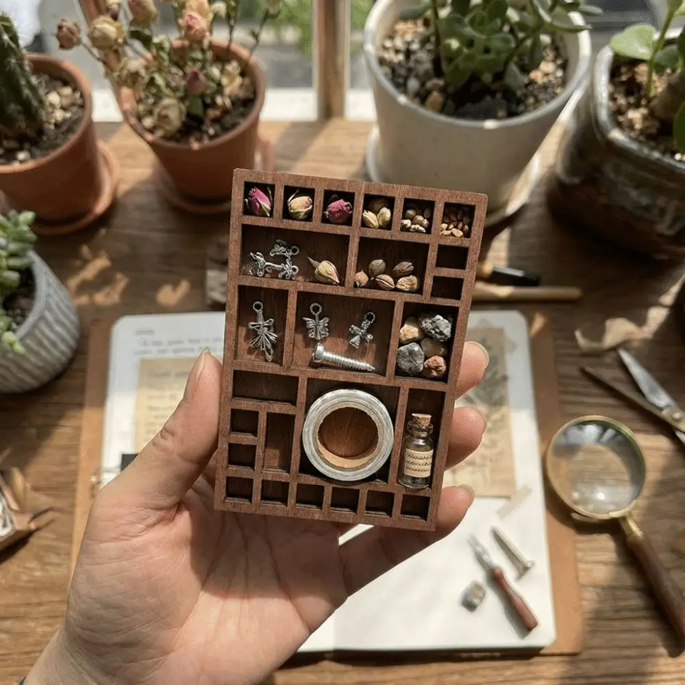 Wooden Mini Jewelry Holder Miniature Crystal Ore Specimen Storage Jewelry Display Tray Multi Compartments Goods Display Rack