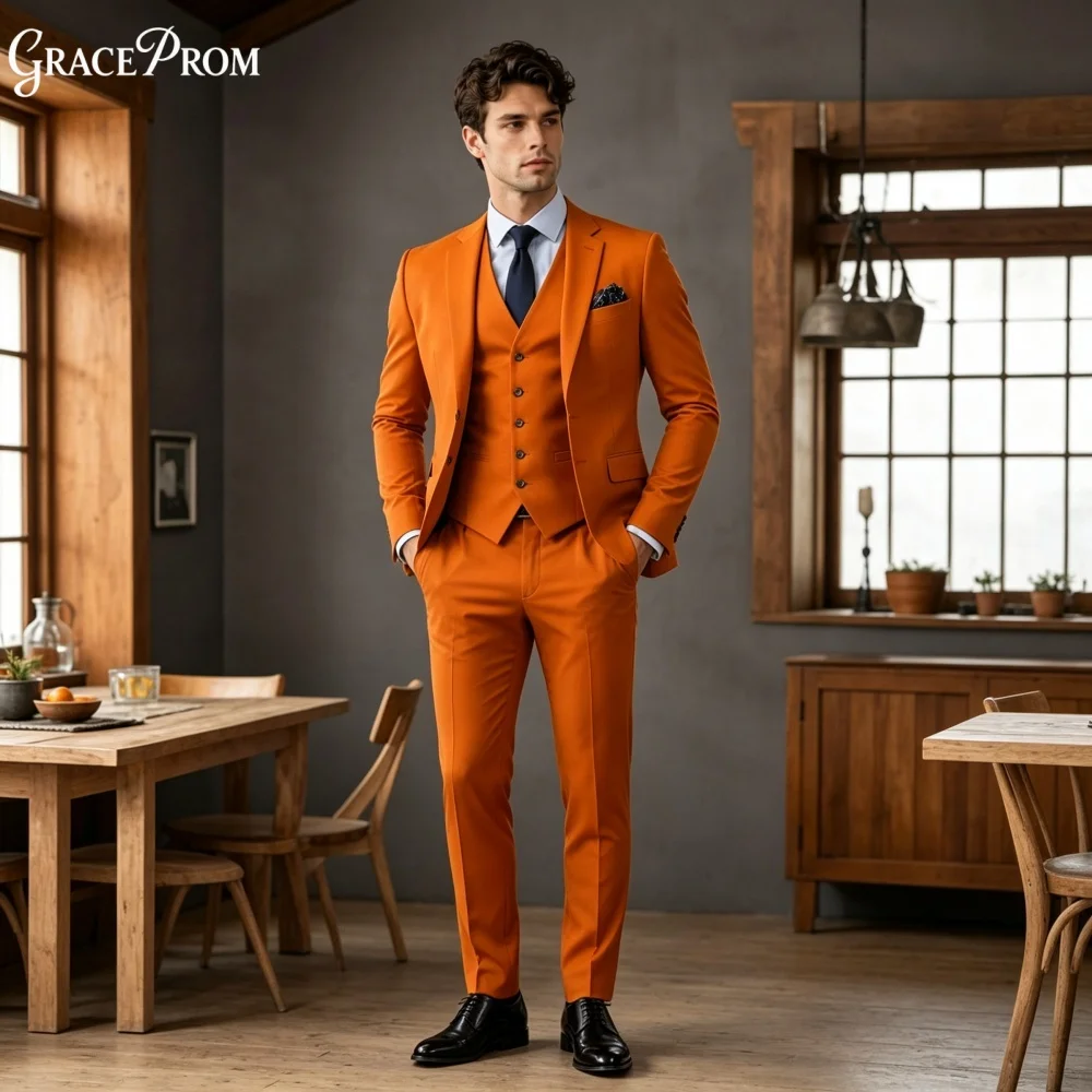 Classic Orange Men Suit Set 3PCS 2027 For Wedding Formal Business Groom And Best Man Outfit Elegant Office Customized Men's Suit