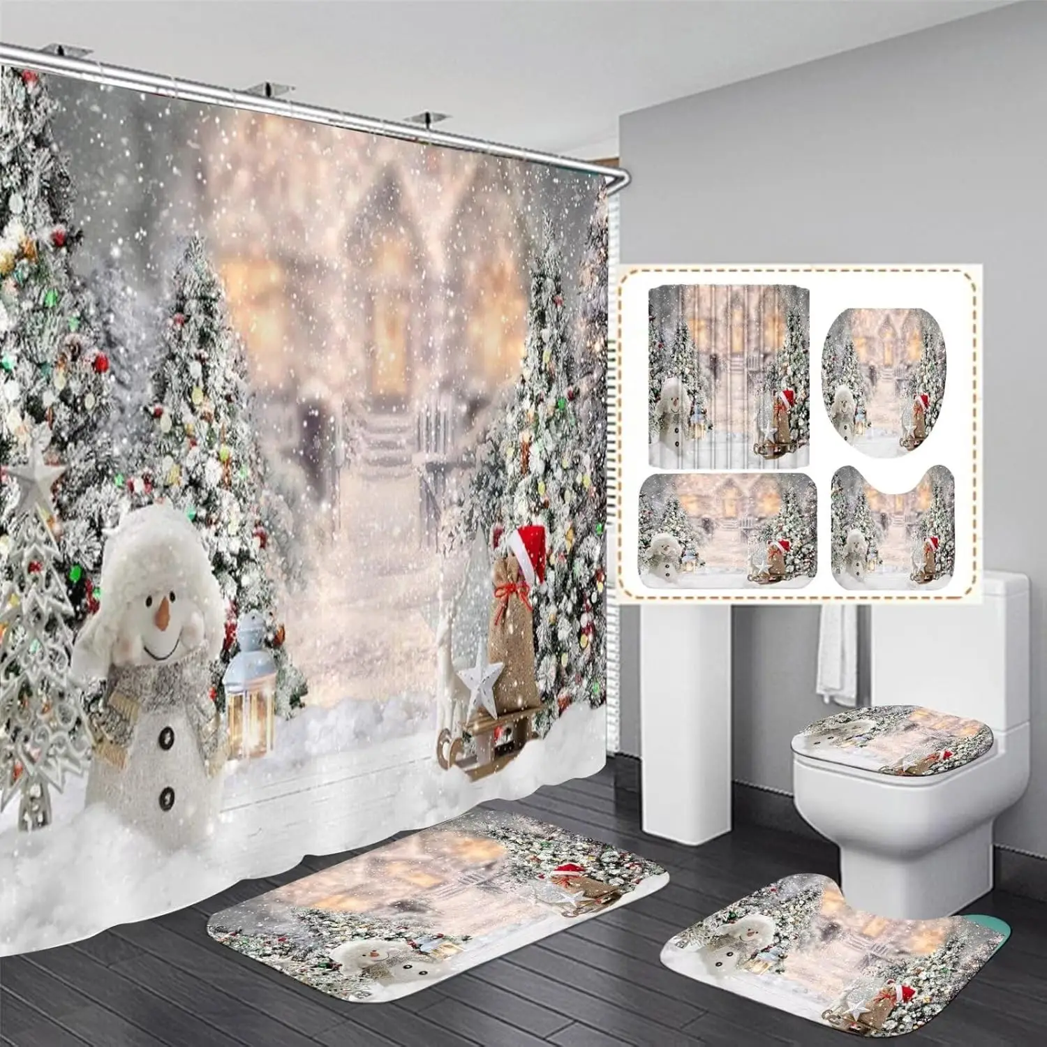 

Рождественский комплект занавесок для душа из 4 предметов с ковриками, крышкой для унитаза и ковриком для ванной, белая занавеска для душа с 12 крючками, декор для ванной комнаты
