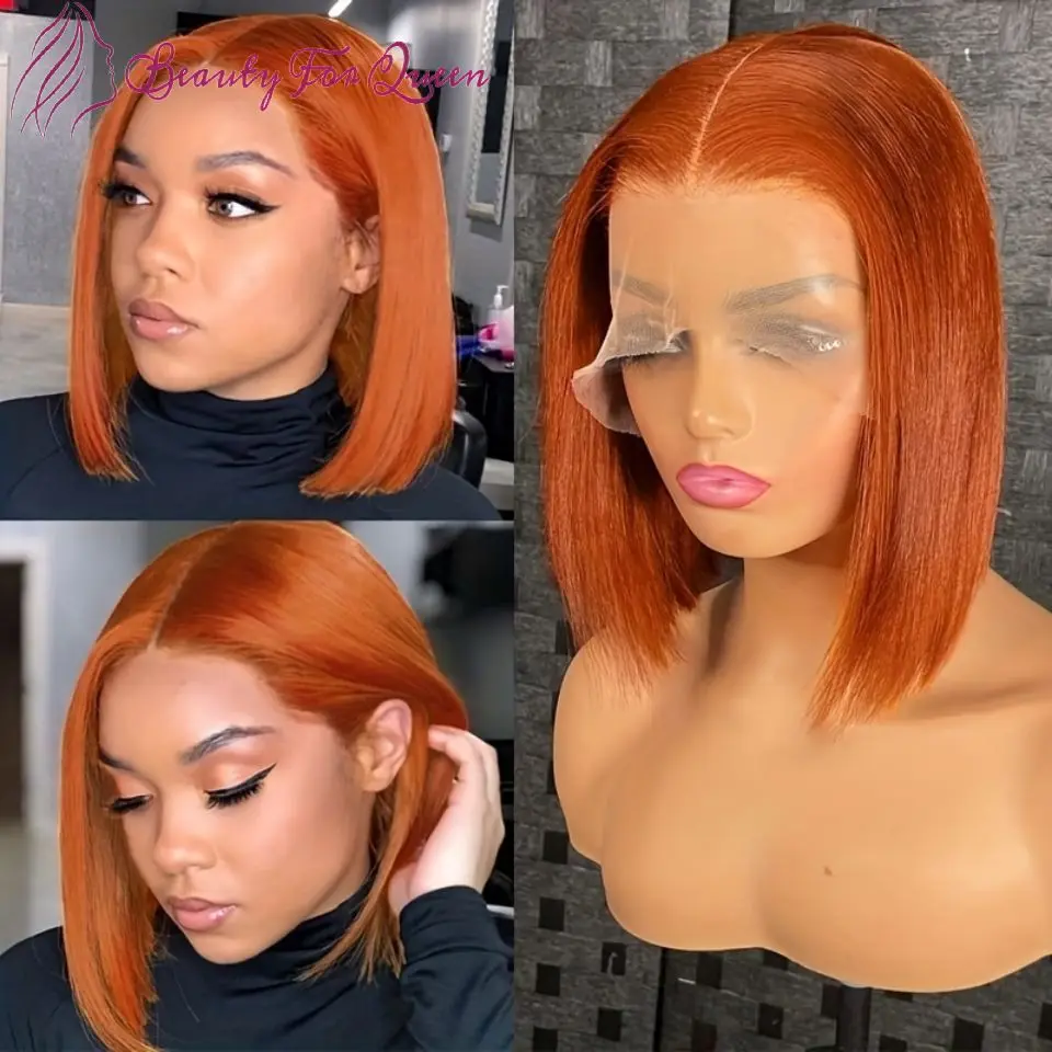 

180 Density Ginger Orange Straight Short Bob Transparent 13x4 HD Lace Frontal Wigs Brazilian Colored Human Hair Wig For Women