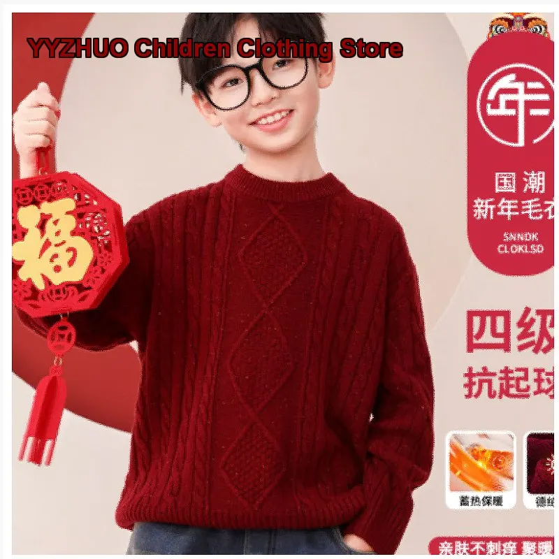 Boys Red Pullover Sweater Kids Autumn Winter Thickened Wool Knit Base Layer Top Older Kids New Year Outfit