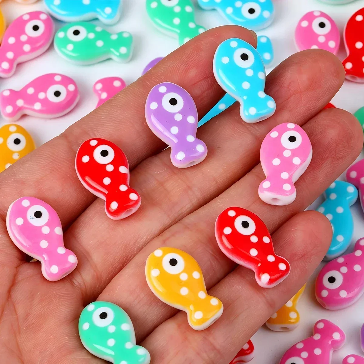 20/40pcs Random Color 19*11mm Polka Dot Fish Shaped Acrylic Loose Beads DIY Bracelet Pen Handmade Craft Supplies