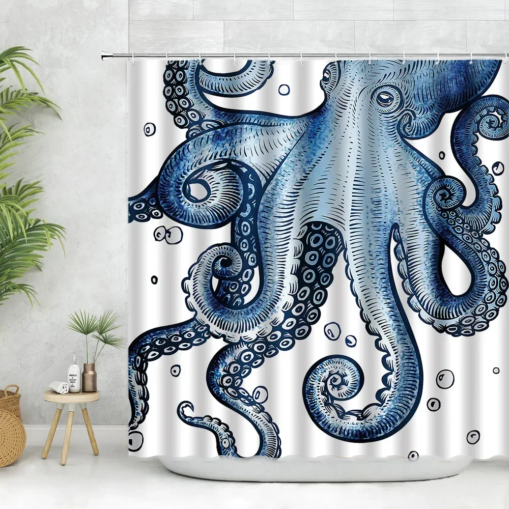 Octopus Shower Curtain Marine Life Blue Black Tentacles Print Simple Bathroom Decor Fabric Bathroom Accessories set Bath Curtain