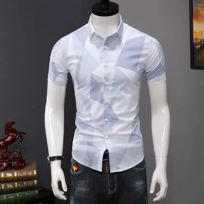 Fashion Lapel Short Sleeve Korean Printed Geometric Shirts Men\'s Clothing 2024 Summer New Loose Casual Tops All-match Shirts