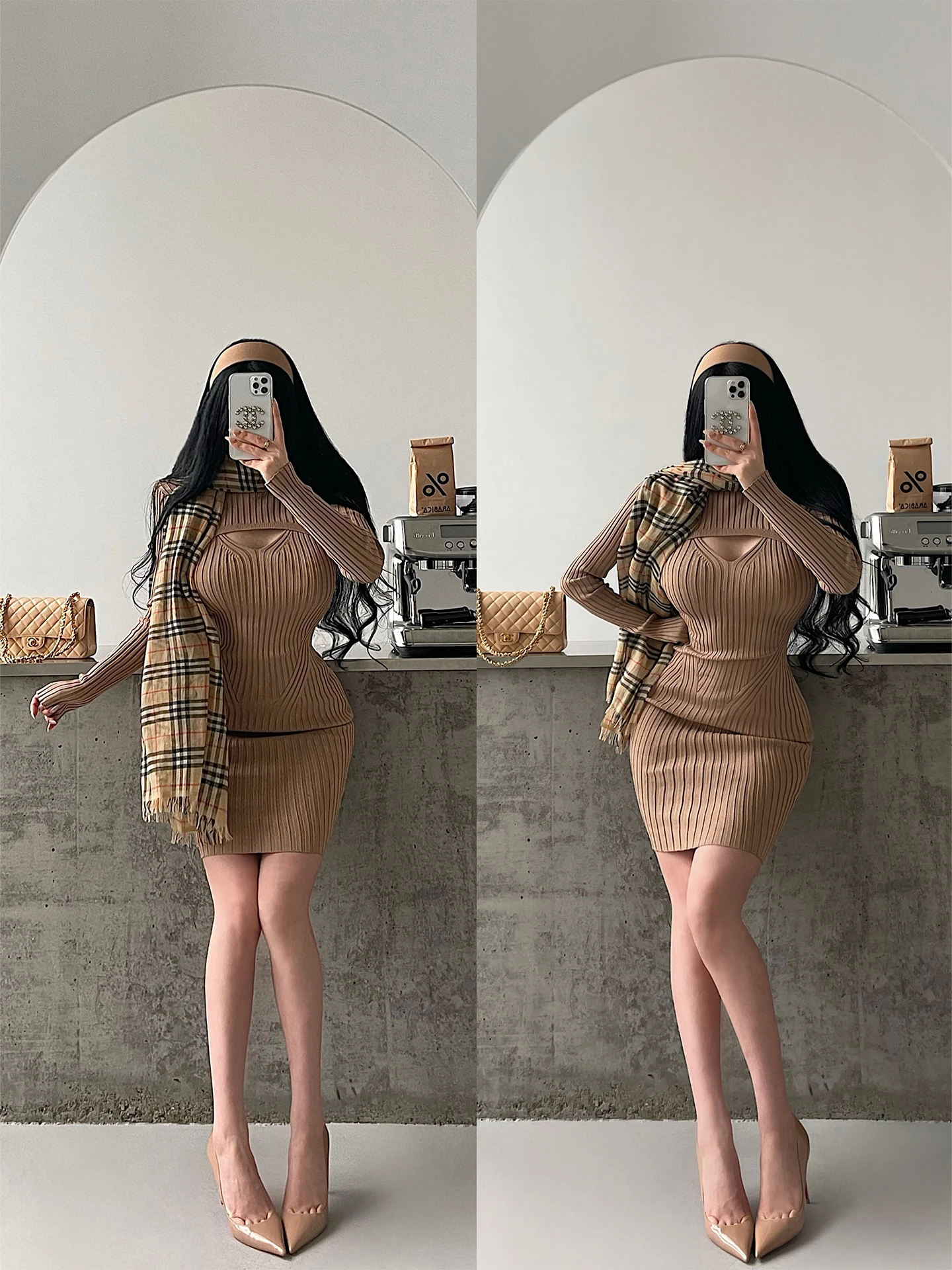 

Sexy Knitted Mid-Length Dress with Hollow out Design Long Sleeve High Collar Bodycon Dress for Women Daily Wear Casual Style