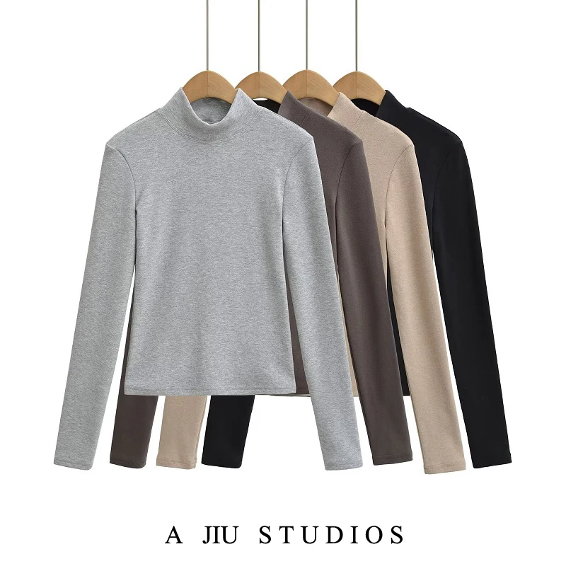 T-shirt lunga da donna Sve Double-face Fce High Ne Slim Fit Strato base irt Casual Sle Autunno Inverno Faion