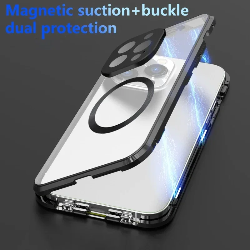 360 °   Vollschutz Metallrahmen Magnetische Doppelseitige Schnalle Glasgehäuse für MagSafe iPhone 17 16 15 14 13 12 Pro Max Plus 16E