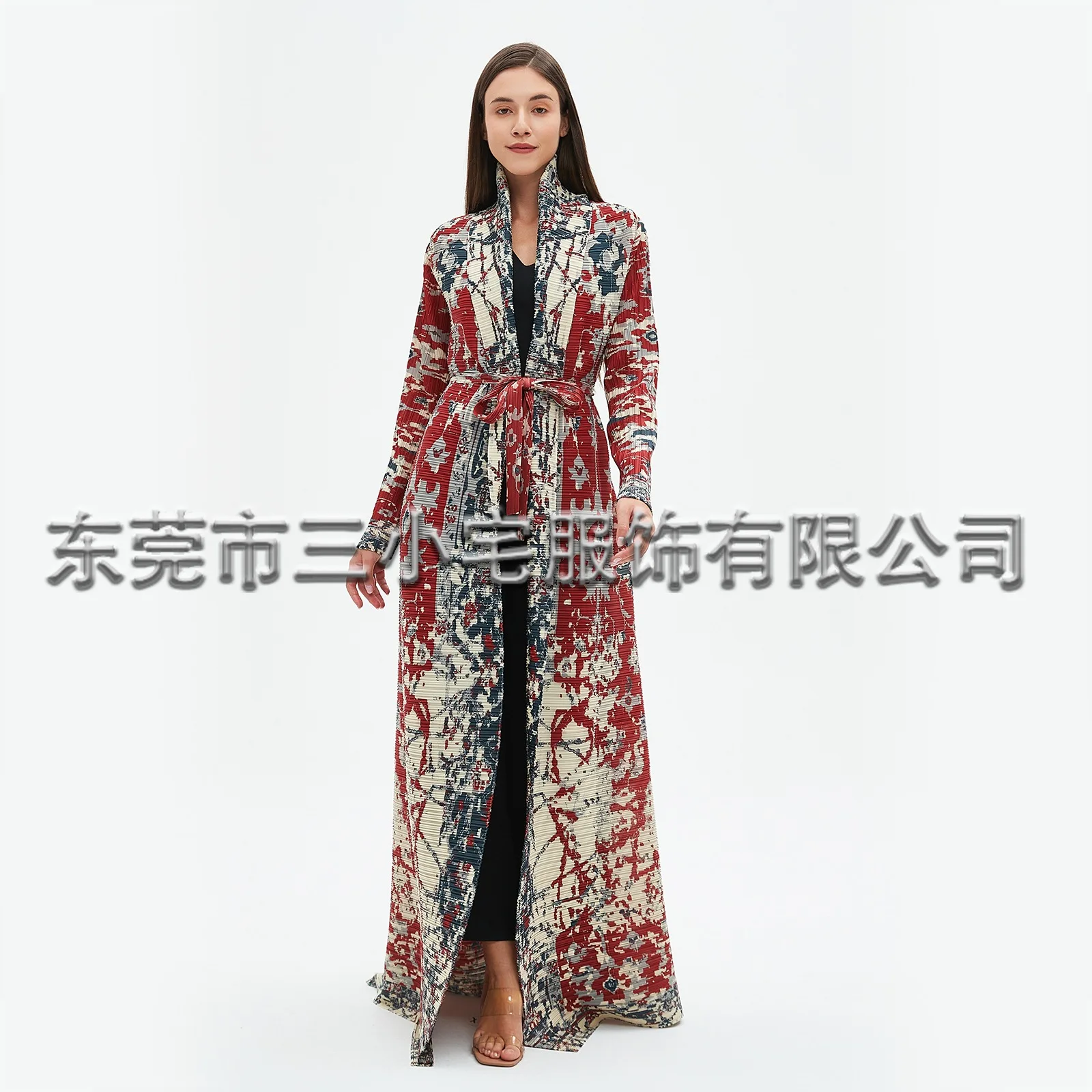 Pleats Pleated Jacket Famous Style Printed Gown Large Size Loose Thin Lapel Tie Long Sleeve Printed Long Skirt Women Clothing