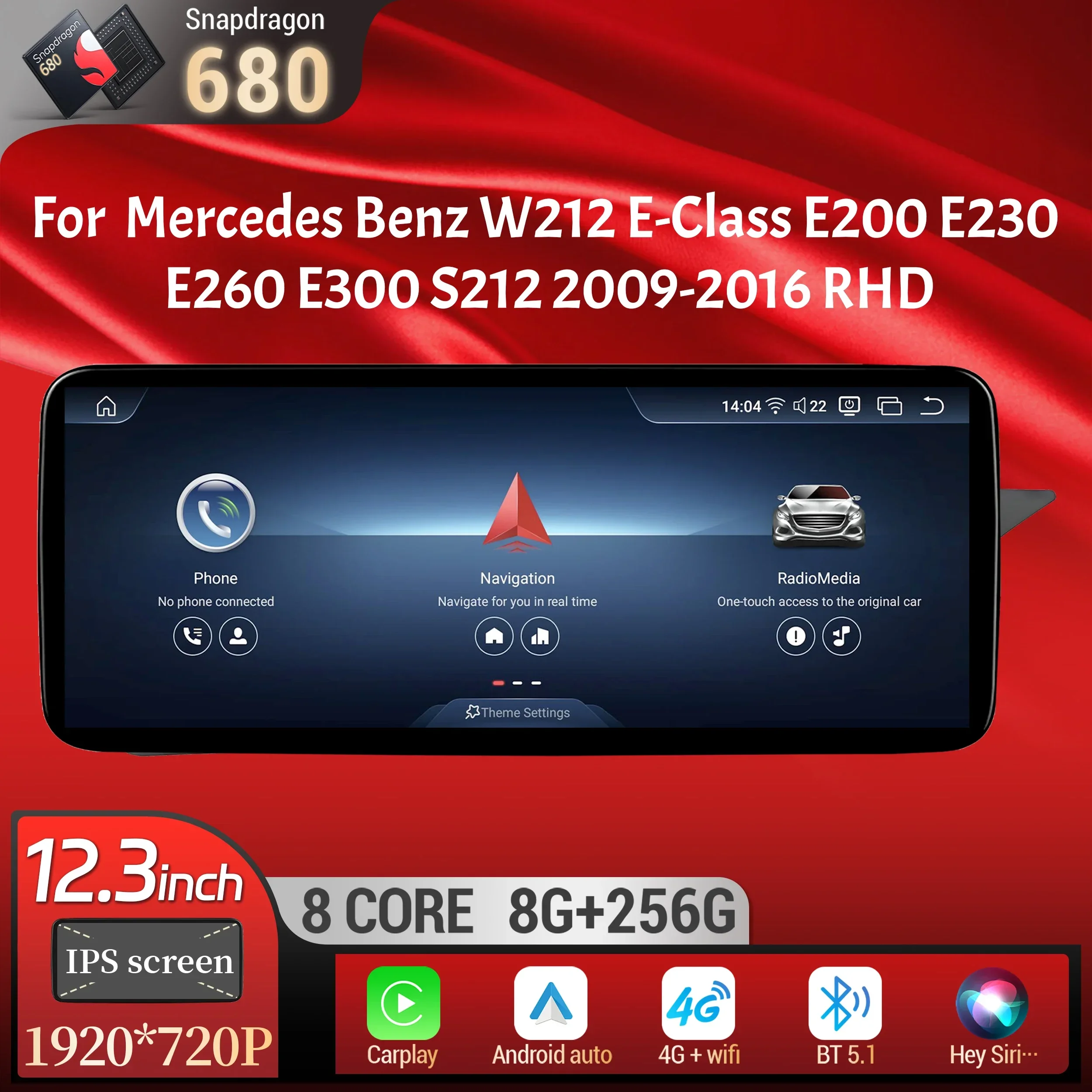 

12.3"RHD Car Radio For Mercedes Benz W212 E-Class E200 E230 E260 E300 S212 2009-2016 Android 13 BT Carplay Snapdragon 680 Screen