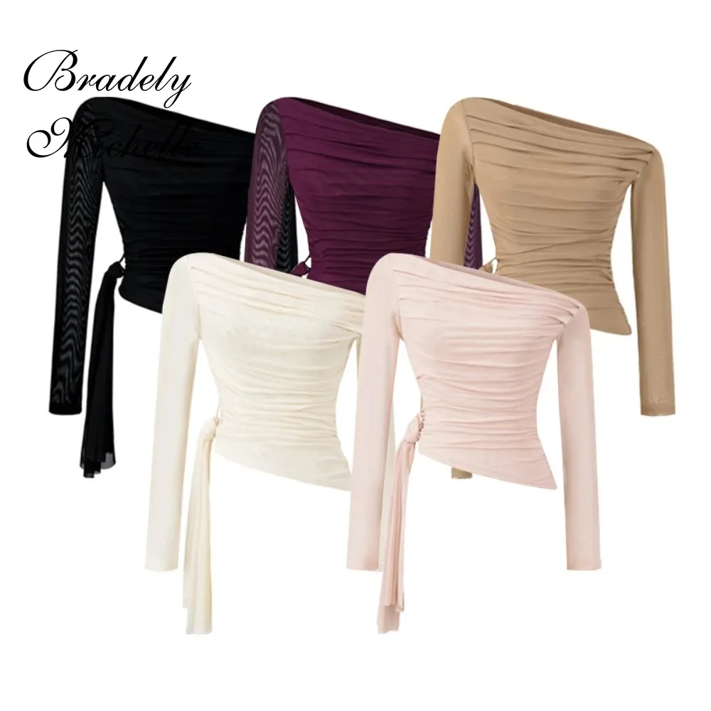 

Mesh diagonal shoulder long sleeves Top Solid Fashionable Clothing Stretch Women Tops Sexy Pullover Bottoming Blouses T-shirt