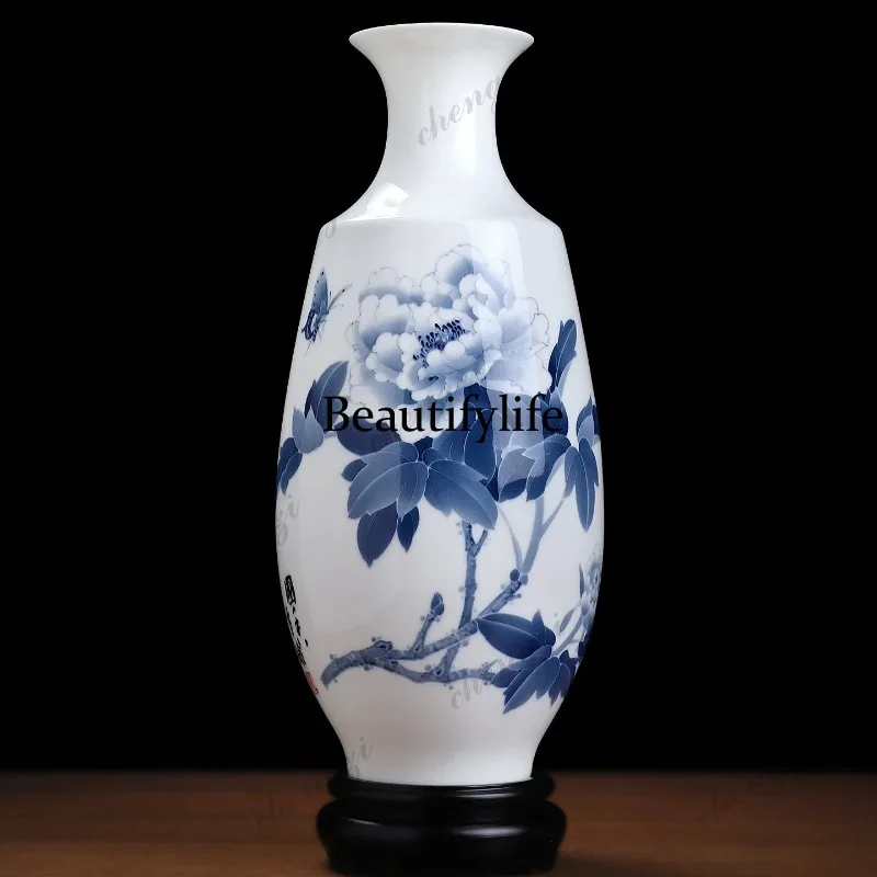 Hand-painted peony ceramic vase ornament living room study collection housewarming gifts