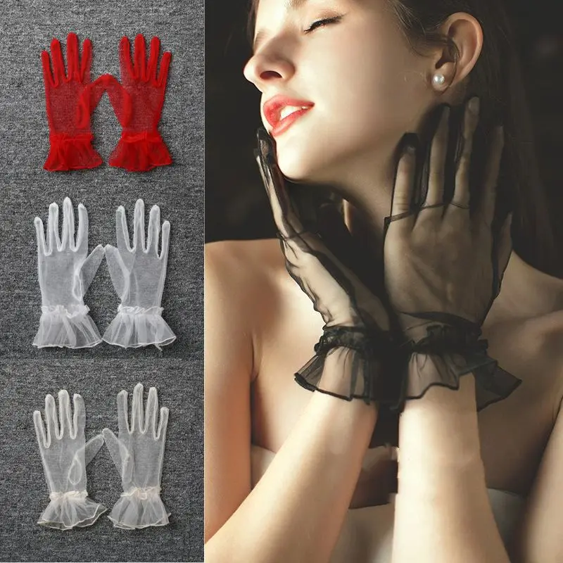 1 par de guantes cortos sexis de gasa para vestido de novia, manoplas de tul de malla transparente ultrafina, guantes elásticos de protección solar