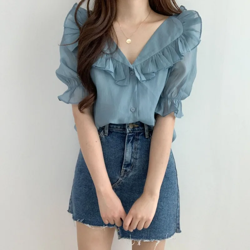 Summer Design Sense Niche Ruffle Leaf Edge Age-reducing Sweet Bubble Sleeve Chiffon Shirt Women's Foreign Air-permeable Top