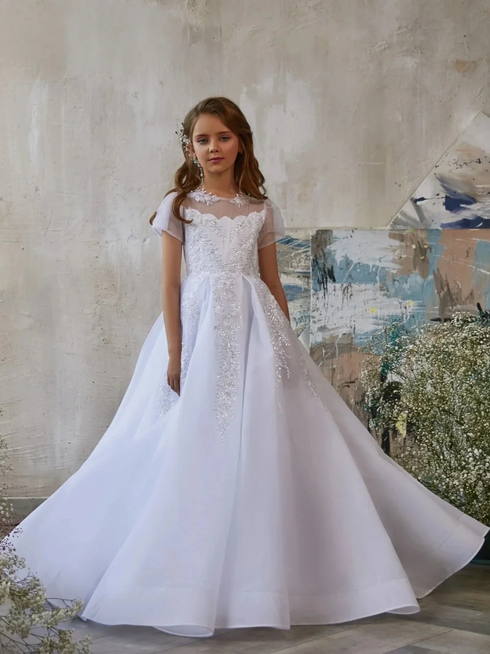 

Custom JDY High Short Sleeve Sheer Neck Lace Glitter Tulle Flower Girl Dress Wedding Party Gown Birthday Pageant Dress فساتين اط