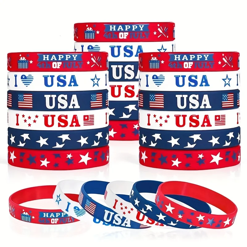 12 bracelets en caoutchouc patriotiques avec drapeau américain pour le 4 juillet, cadeaux pour la fête de l'indépendance, décorations et fournitures pour fêtes patriotiques