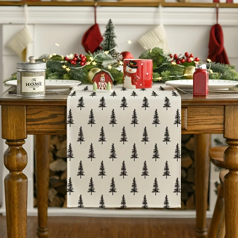1 Piece of Simple Christmas Tree Pattern Table Runner, Black Pine Tree Print on White Background, Suitable for Nordic Style Home, Christmas Family Dinner, Literary Studio, Holiday B&B Decoration, Simple Restaurant Layout, Christmas Market, Winter Tea Party, Handmade Activity Scene