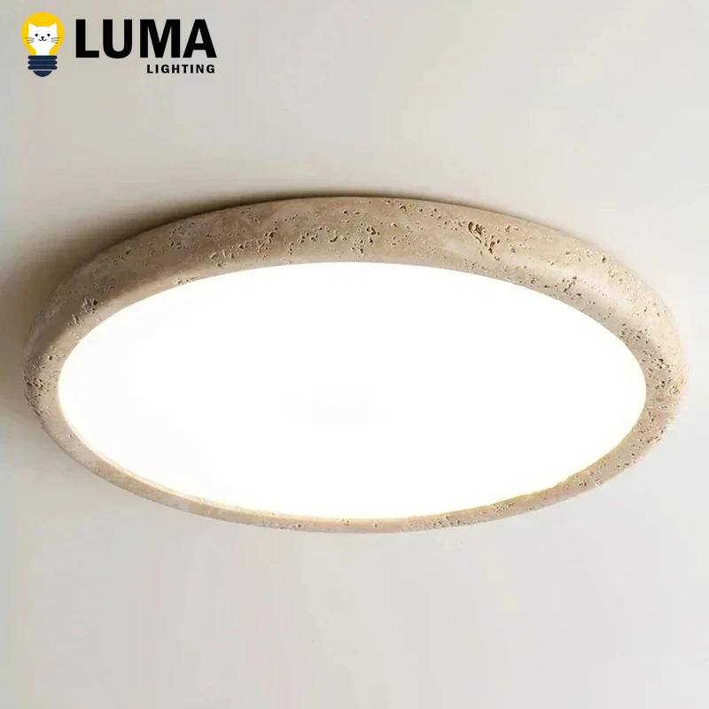 Japanese Wabi Sabi Yellow Travertine Ceiling Lamp ,Natural Cave Stone Circular Ceiling Light for Living Room Bedroom Kitchen