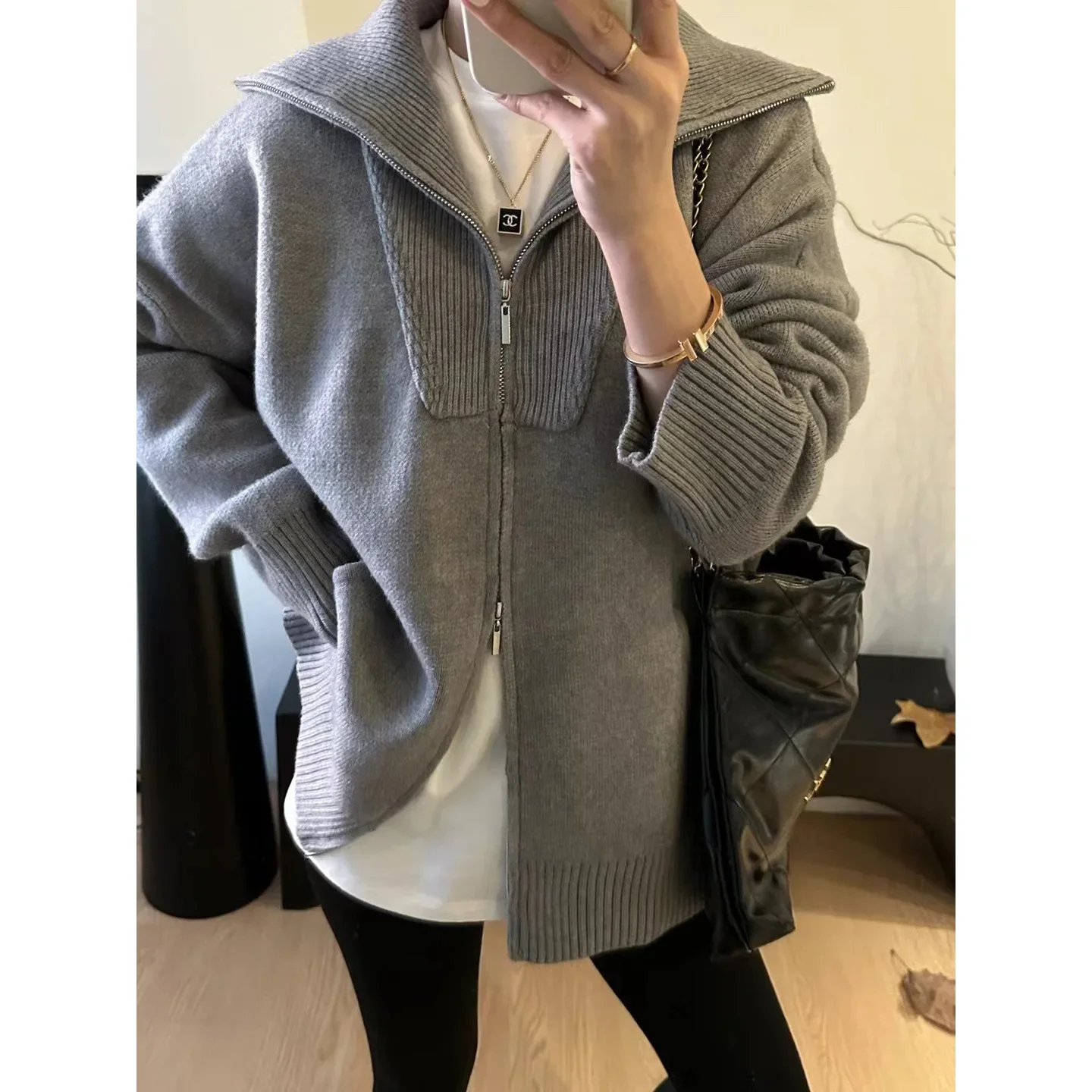 

Women Zipper Cardigan Coat Jumpers Open Stitch Knitted Coats Turn Down Collar Sweaters Casual Thick Jumpers Autumn Winter