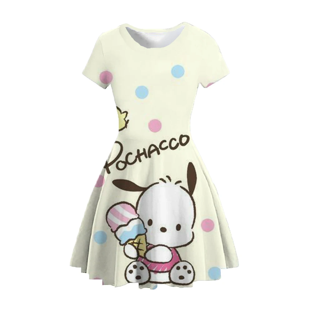 Pachel cute cartoon printing round neck short sleeves cool and comfortable, waist slimming slim pleated skirt