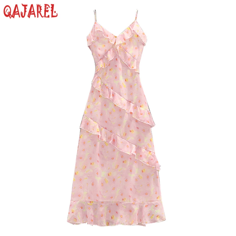 

2024 Pink Floral Chiffon Casual Beach Sundress Summer Fashion Chic Ruffled Holiday Dress Women Elegant Bodycon Sling Long Dress