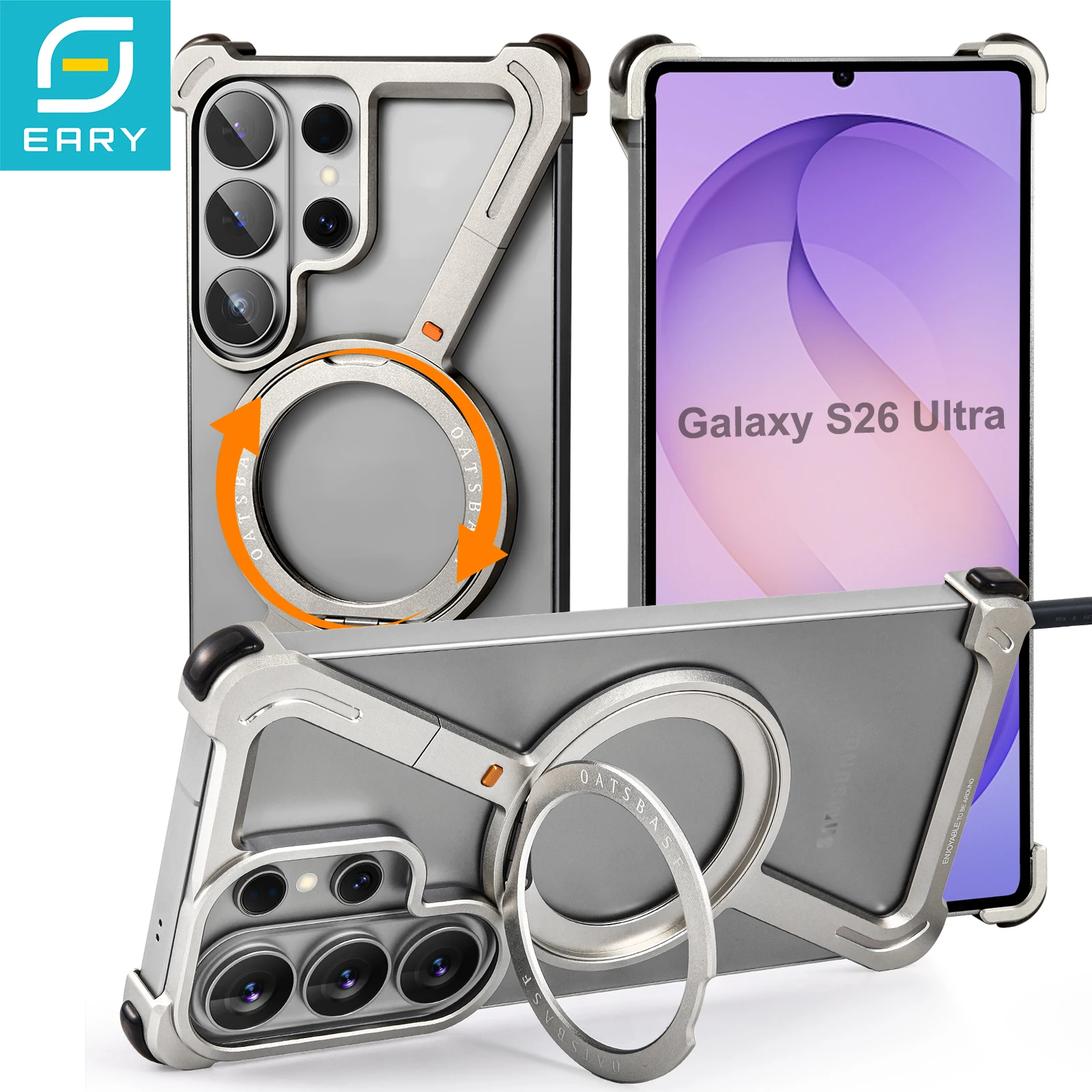 Eary for Samsung Galaxy S26 Ultra Phone Case Frameless Metal with Magnetic Stand 360°Rotating Shockproof Protective Bumper Cover