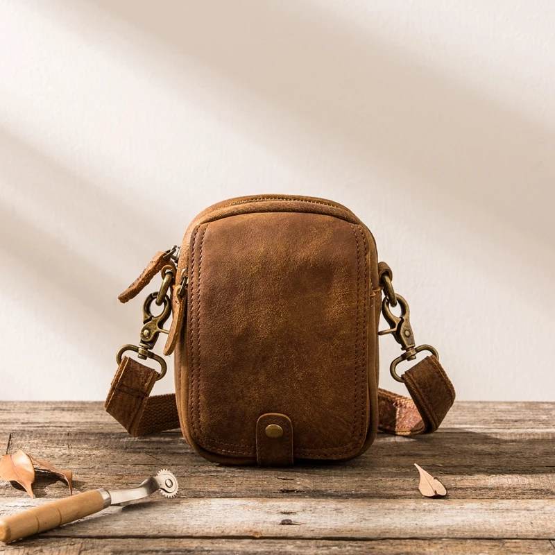 Bag Frosted Leather Men Waist Pack Shoulder Bags Retro Crossbody Mini Casual 2024 Mobile Phone Pocket Men's Handmade Leather