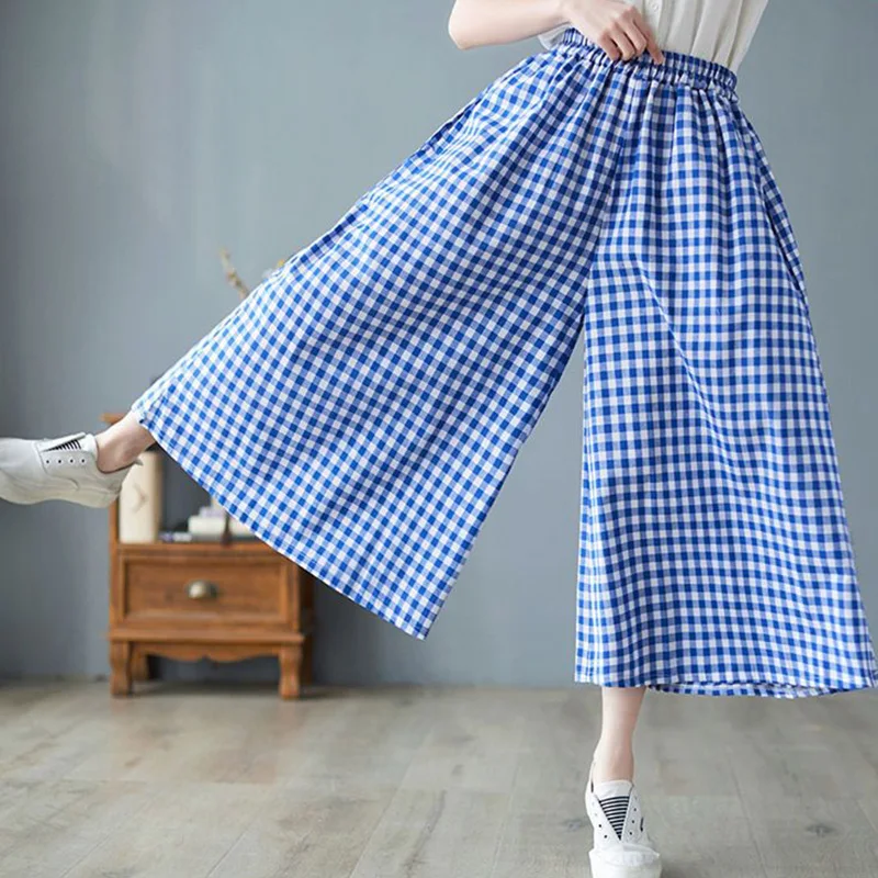 Ladies Casual Korean Plaid Elastic Waist Ankle-length Pants Summer Women Clothing Prairie Chic Pleated Loose Wide Leg Pants