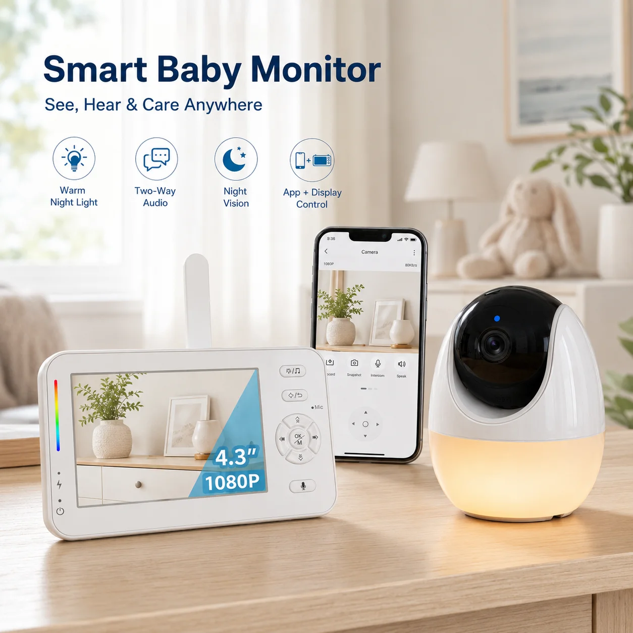 Baby Nursery Temperature - スマートベビーモニターカメラ 4.3インチディスプレイ 1080P 双方向通話＆子守唄プレーヤー ワイヤレスカメラ 音検知機能付き