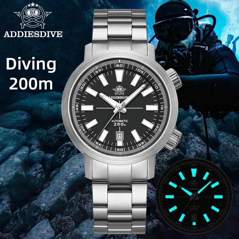 ADDIESDIVE AD2093 Super Luminous 200M Waterproof Watches Stainless Steel Sapphire Glass Fashion Men's Automatic Mechanical Watch
