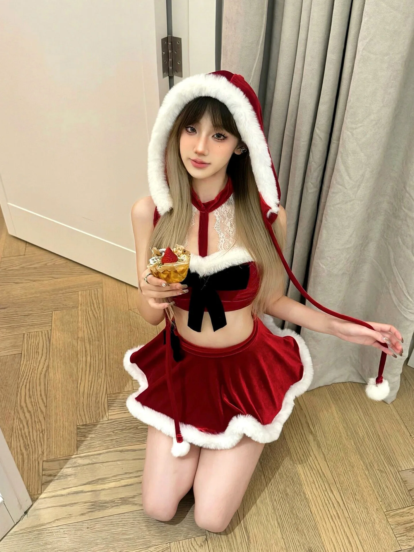 2024 Christmas Women Uniform Fancy Dress Hanging Neck Top with Hat Santa Claus Cosplay Costume Rabbit Babydoll Velvet Lingerie