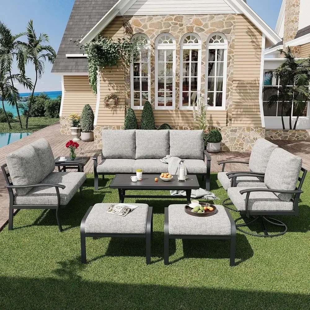 

360° Swivel Rocking Patio Chair Set with Cushions, Ottomans, 3-Seat Sofa, Loveseat, Coffee Side Table, 8-Piece Metal Garden Furn